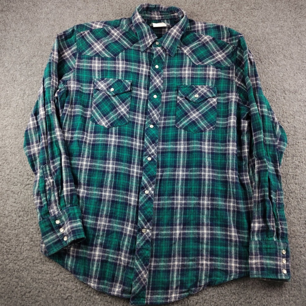 Wrangler Flannel Pearl Snap Shirt Cotton Mens XL Wrancher Green Plaid Western